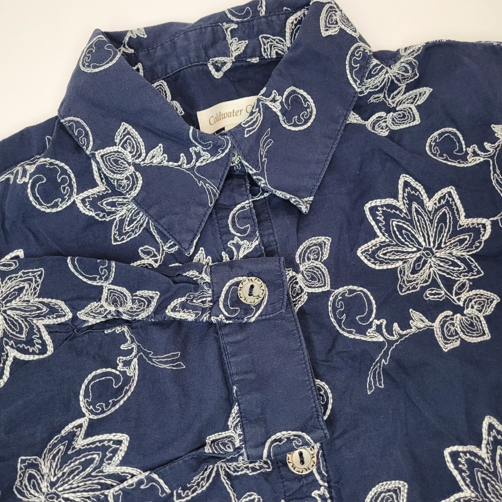 Coldwater Creek Floral Embroidered Shirt Womens 1X Navy Blue Excellent Cotton